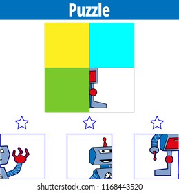 Puzzle game. Visual Educational Game for children. Worksheet for preschool kids. Vector illustration. Robot.