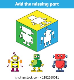 Puzzle game. Visual Educational Game for children. Task: find the missing parts. Worksheet for preschool kids. Vector illustration.
