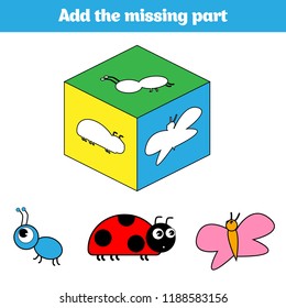 Puzzle game. Visual Educational Game for children. Task: find the missing parts. Worksheet for preschool kids. Vector illustration.