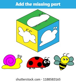 Puzzle game. Visual Educational Game for children. Task: find the missing parts. Worksheet for preschool kids. Vector illustration.