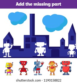 Puzzle game. Visual Educational Game for children. Task: find the missing parts. Worksheet for preschool kids.