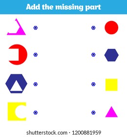Puzzle game. Visual Educational Game for children. Task: find the missing parts. Worksheet for preschool kids. Vector illustration.