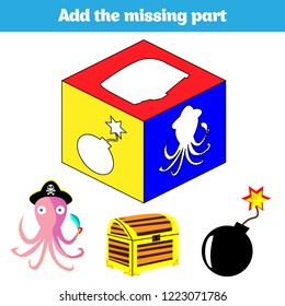 Puzzle game. Visual Educational Game for children. Task: find the missing parts. Worksheet for preschool kids. Vector illustration.  Theme Pirate.