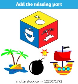 Puzzle game. Visual Educational Game for children. Task: find the missing parts. Worksheet for preschool kids. Vector illustration.  Theme Pirate.