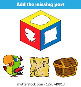Puzzle game. Visual Educational Game for children. Task: find the missing parts. Worksheet for preschool kids. Vector illustration.  Theme Pirate.