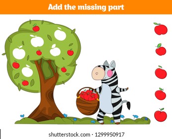 Puzzle game. Visual Educational Game for children. Task: find the missing parts. Worksheet for preschool kids. Vector illustration