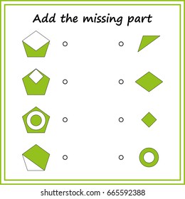 Puzzle game. Visual Educational  Game for children. Task: find the missing parts. Worksheet for preschool kids. 


