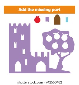 Puzzle game. Visual Educational Game for children. Task: find the missing parts. Worksheet for preschool kids. Vector illustration