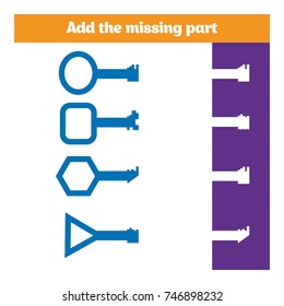 Puzzle game. Visual Educational Game for children. Task: find the missing parts. Worksheet for preschool kids. Vector illustration