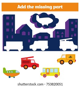 Puzzle game. Visual Educational Game for children. Task: find the missing parts. Worksheet for preschool kids
