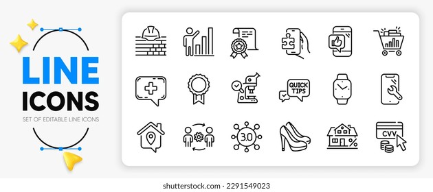 Los iconos de juego de rompecabezas, línea Web3 y línea de construcción establecidos para la aplicación incluyen la reparación de Smartphone, la recompensa, el icono delgado del contorno del equipo de ingeniería. Gráfica, chat médico, icono del pictograma del hogar de trabajo. Zapatos. Vector