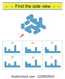 Puzzle-Spiel. Welche Seite vıew ist korrekt? IQ-Schulungstest. Vektorgrafik. Antwort ist e.
