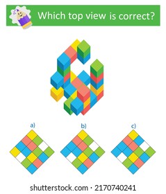 Puzzle game. Which top vıew is correct? IQ training test. Visual intellect. Vector illustration. Answer is B. 