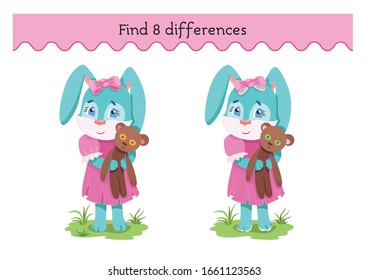 Puzzle games for children. Rabbits Find Differences. Bunny cartoon