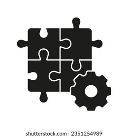 Puzzle with Gear Silhouette Icon, Business Development Concept. Creative Solution and Strategy Solid Symbol. Jigsaw Parts and Cogwheel Glyph Pictogram. Isolated Vector Illustration.