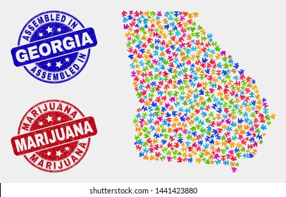 Puzzle Georgia State map and blue Assembled seal stamp, and Marijuana grunge seal stamp. Colored vector Georgia State map mosaic of puzzle units. Red round Marijuana imprint.