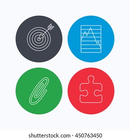 Puzzle, graph charts and target icons. Safety pin linear sign. Linear icons on colored buttons. Flat web symbols. Vector
