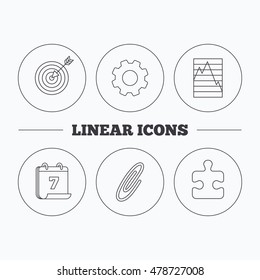 Puzzle, graph charts and target icons. Safety pin linear sign. Flat cogwheel and calendar symbols. Linear icons in circle buttons. Vector