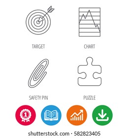 Puzzle, graph charts and target icons. Safety pin linear sign. Award medal, growth chart and opened book web icons. Download arrow. Vector