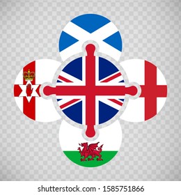 Puzzle from Great Britain flags on transparent background. United Kingdom Flags Puzzle. Set of puzzles with flags of England, Scotland, Wales, Northern Ireland. UK. EPS10.