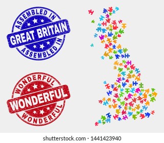 Puzzle Great Britain map and blue Assembled seal stamp, and Wonderful grunge stamp. Colored vector Great Britain map mosaic of puzzle items. Red rounded Wonderful seal.