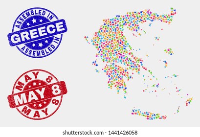 Puzzle Greece map and blue Assembled stamp, and May 8 grunge stamp. Colorful vector Greece map mosaic of puzzle units. Red rounded May 8 badge.
