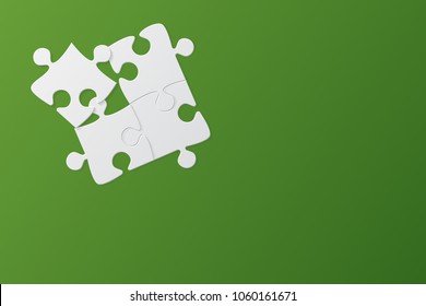 Puzzle green background, banner, blank. Vector jigsaw section template. Background with puzzle 4 separate pieces, mosaic, details, tiles, parts. Rectangle outline abstract jigsaw. Game group detail.