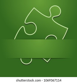 Puzzle green background, banner, blank. Vector jigsaw section template. Background with puzzle frame separate pieces, mosaic, details, tiles, parts. Square jigsaw. One piece with tape, ribbon.