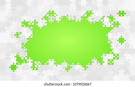 Puzzle green background, banner, blank. Vector jigsaw section template. Background with grey puzzle frame separate pieces, mosaic, details, tiles, parts. Rectangle abstract jigsaw. Game group detail.