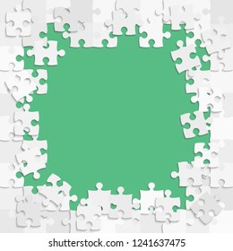 Puzzle green background, banner, blank. Vector jigsaw section template. Background withgrey puzzle frame separate pieces, mosaic, details, tiles, parts. Square abstract jigsaw. Game group detail.