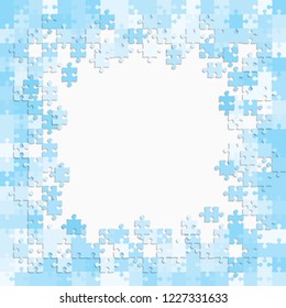 Puzzle grey background, banner, blank. Vector jigsaw section template. Background with blue puzzle frame separate pieces, mosaic, details, tiles, parts. Square abstract jigsaw. Game group detail.