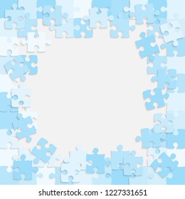 Puzzle grey background, banner, blank. Vector jigsaw section template. Background with blue puzzle frame separate pieces, mosaic, details, tiles, parts. Square abstract jigsaw. Game group detail.