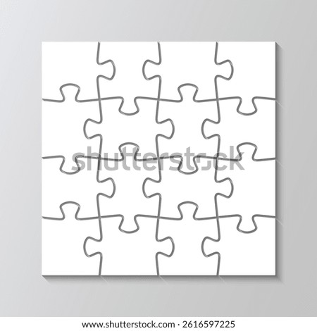 Puzzle grid with 16 separate details. Scheme of jigsaw thinking game. Mosaic silhouette pieces grid. Cutting template. Modern background with separate shapes. Simple frame tiles. Vector illustration