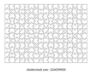 Puzzle grid with 204 blank pieces. Outlined mosaic background, pattern with empty linear parts for print. Contoured assembled jigsaw template of game. Flat vector illustration isolated on white