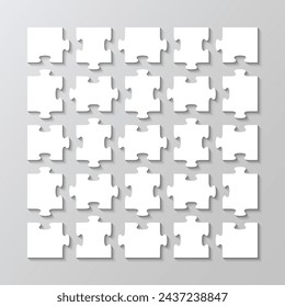 Puzzle grid with 25 separate details. Cutting template. Mosaic silhouette pieces grid. Scheme of jigsaw thinking game. Modern background with separate shapes. Simple frame tiles. Vector illustration