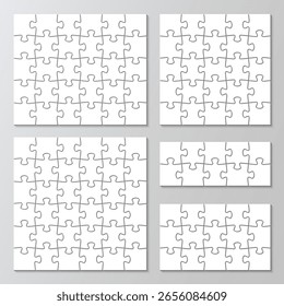 Puzzle grid collection. 5 puzzles infographics set. Jigsaw business chain infographic. Process diagram presentation. Business info graphic with steps, parts. Vector illustration