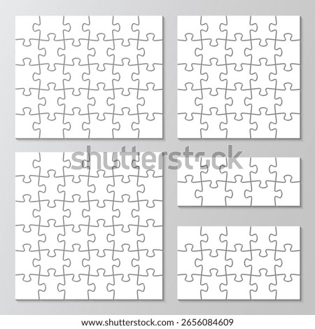 Puzzle grid collection. 5 puzzles infographics set. Jigsaw business chain infographic. Process diagram presentation. Business info graphic with steps, parts. Vector illustration