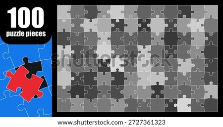 A puzzle grid features 100 pieces arranged in different shades of gray. The grid is blank, allowing for creativity.