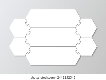 Puzzle grid info graphic with 7 pieces. Hexagonal jigsaw puzzle. Business presentation for infographics. Rectangle business presentation infographic, steps, parts of process diagram. Vector