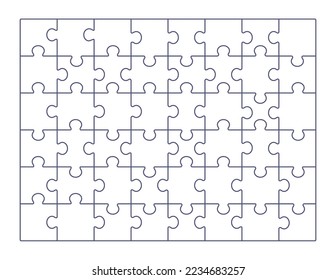 Cuadrícula de rompecabezas. Fondo de rompecabezas en blanco, 48 piezas, partes de línea vacías conectadas. Patrón lineal con contorno, diseño de esquema, plantilla de juego de mosaico. Ilustración vectorial plana aislada en blanco