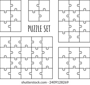 Cuadrícula de rompecabezas establecida. Plantillas de esquema de rompecabezas. Juego de juegos de pensamiento. Ilustración vectorial con rompecabezas 4, 6, 9, 12, 20 piezas.