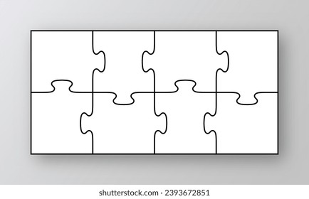 Puzzle grid template. Laser cut template with 8 details. Jigsaw pieces mosaic. Layout of thinking mosaic game. White modern background. Infographic diagram. Vector illustration.