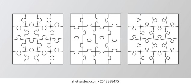 Puzzle grids infographics coleção. Quebra-cabeça com 16 peças. Infográfico da cadeia de negócios de Quebra-cabeça. Apresentação do diagrama do processo. Gráfico de informações comerciais com etapas, peças. Ilustração vetorial