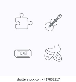 Puzzle, guitar music and theater masks icons. Ticket linear sign. Flat linear icons on white background. Vector