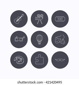 Puzzle, guitar music and theater masks icons. Ticket, video camera and 3d glasses linear signs. Entertainment, painting and mustache icons. Flat icons in circle buttons on white background. Vector
