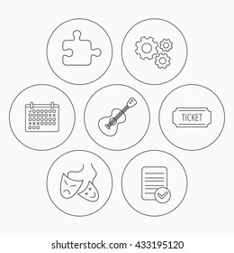 Puzzle, guitar music and theater masks icons. Ticket linear sign. Check file, calendar and cogwheel icons. Vector