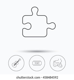 Puzzle, guitar music and theater masks icons. Ticket linear sign. Linear icons in circle buttons. Flat web symbols. Vector