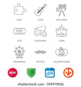 Puzzle, guitar music and theater masks icons. Ticket, video camera and crown linear signs. Entertainment, halloween pumpkin and mustache icons. New tag, shield and calendar web icons. Download arrow