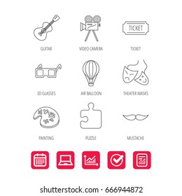 Puzzle, guitar music and theater masks icons. Ticket, video camera and 3d glasses linear signs. Entertainment, painting and mustache icons. Report document, Graph chart and Calendar signs. Vector