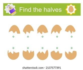 Logıc puzzle. Fınd the halves of eggs. Educational material for kids. Vector illustration.